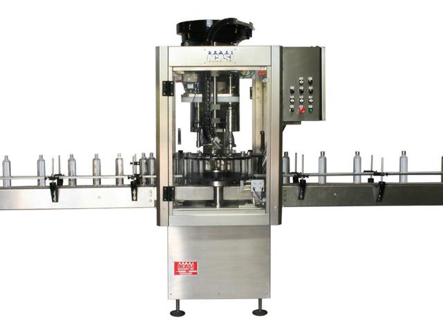 Single head chuck capper machine with vibratory type cap feeder, model PC1-JAW-VIB, by Acasi Machinery Inc., front view