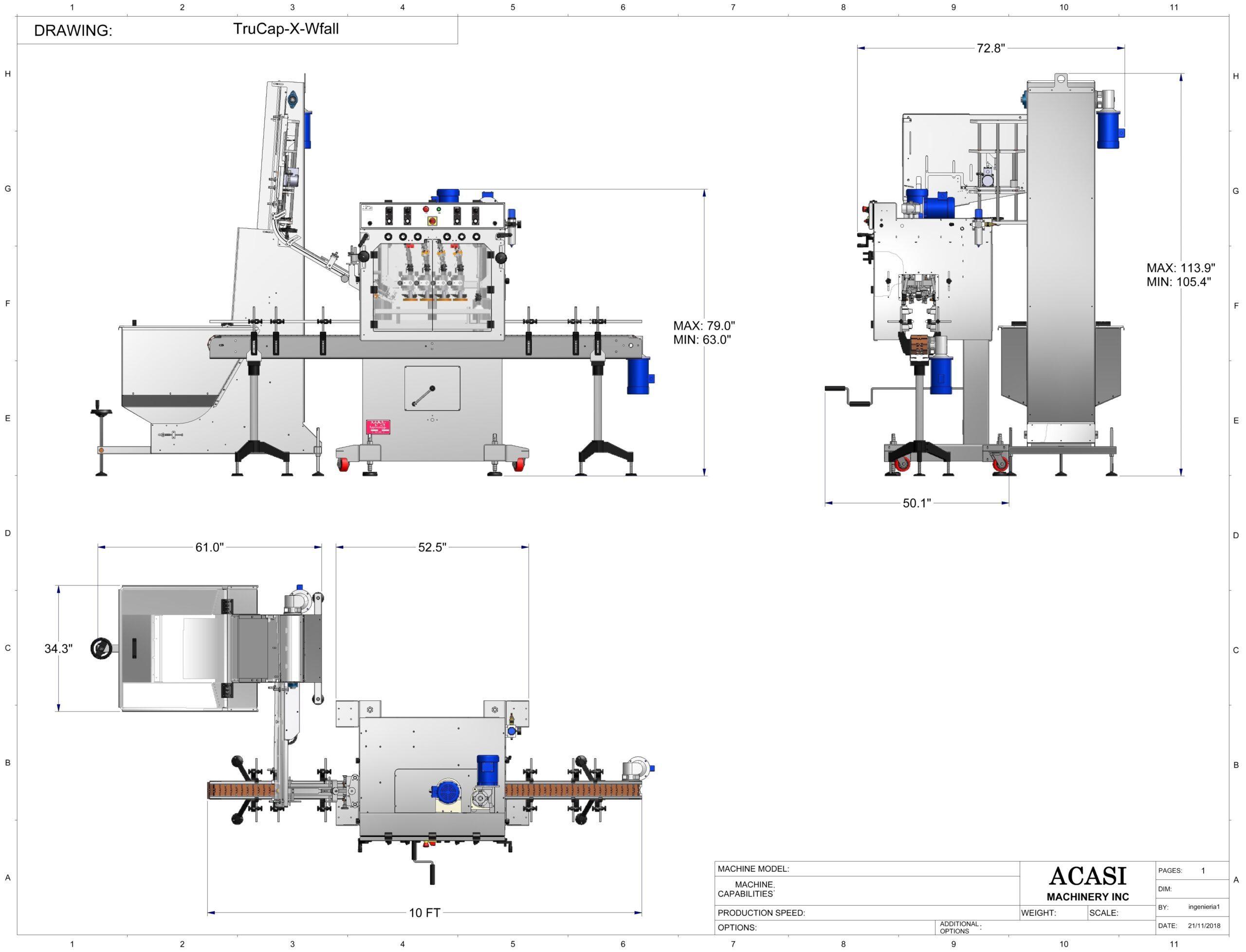 Automatic inline bottle capping machine, model TruCap-X-WFall dimensions, by Acasi Machinery Inc.