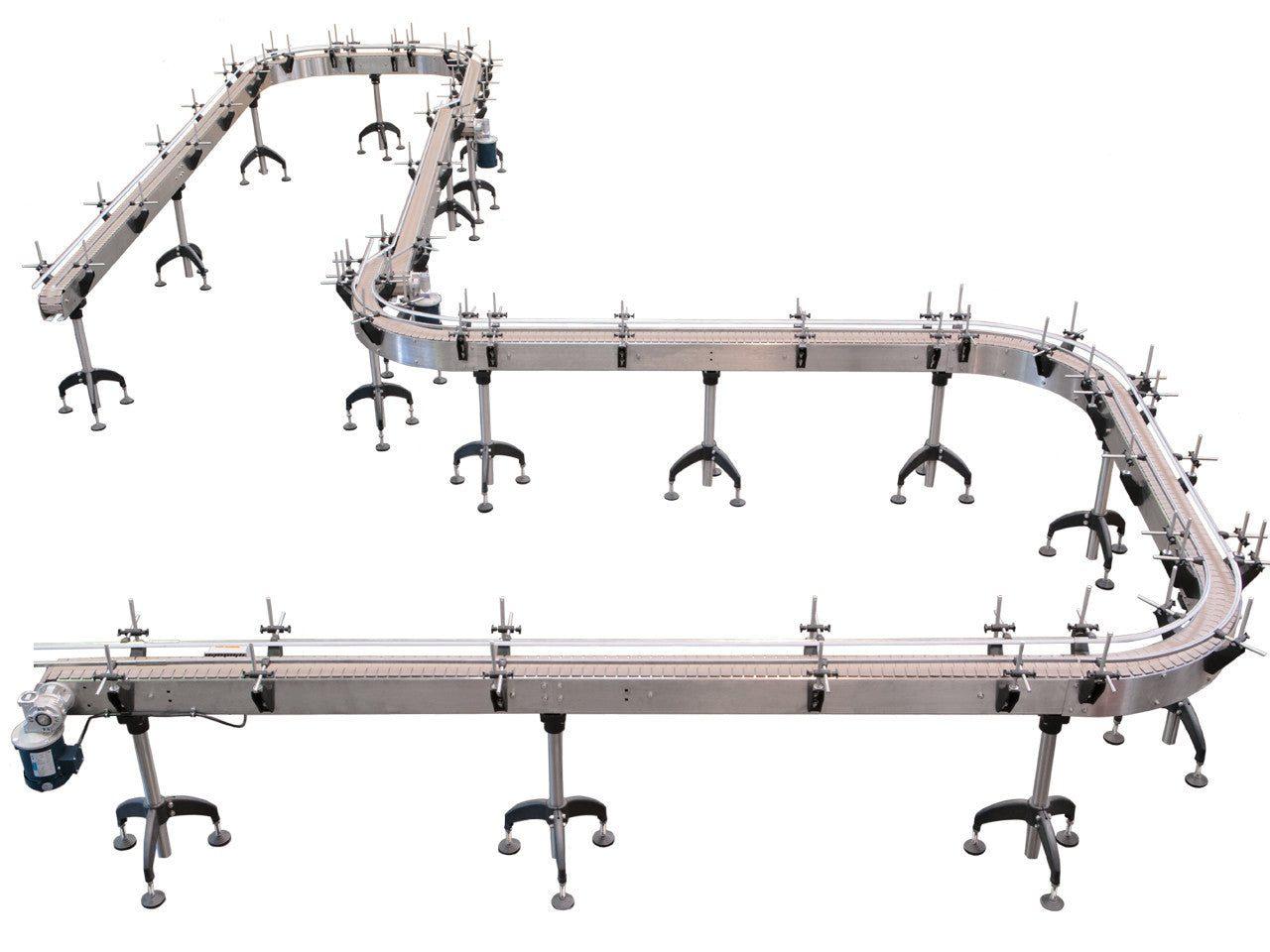 Automatic variable speed power curve and custom bottle Conveyor, by Acasi Machinery Inc., front view